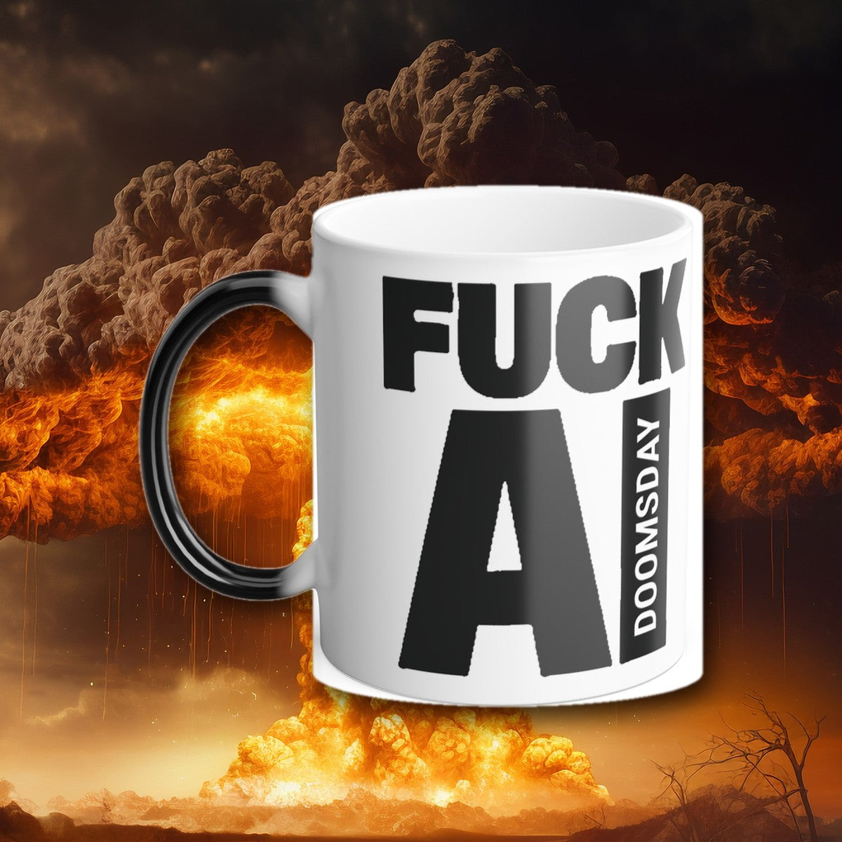Fuck AI Color Morphing Mug, hot, in front of a nuclear explosion - Doomsday Inc.