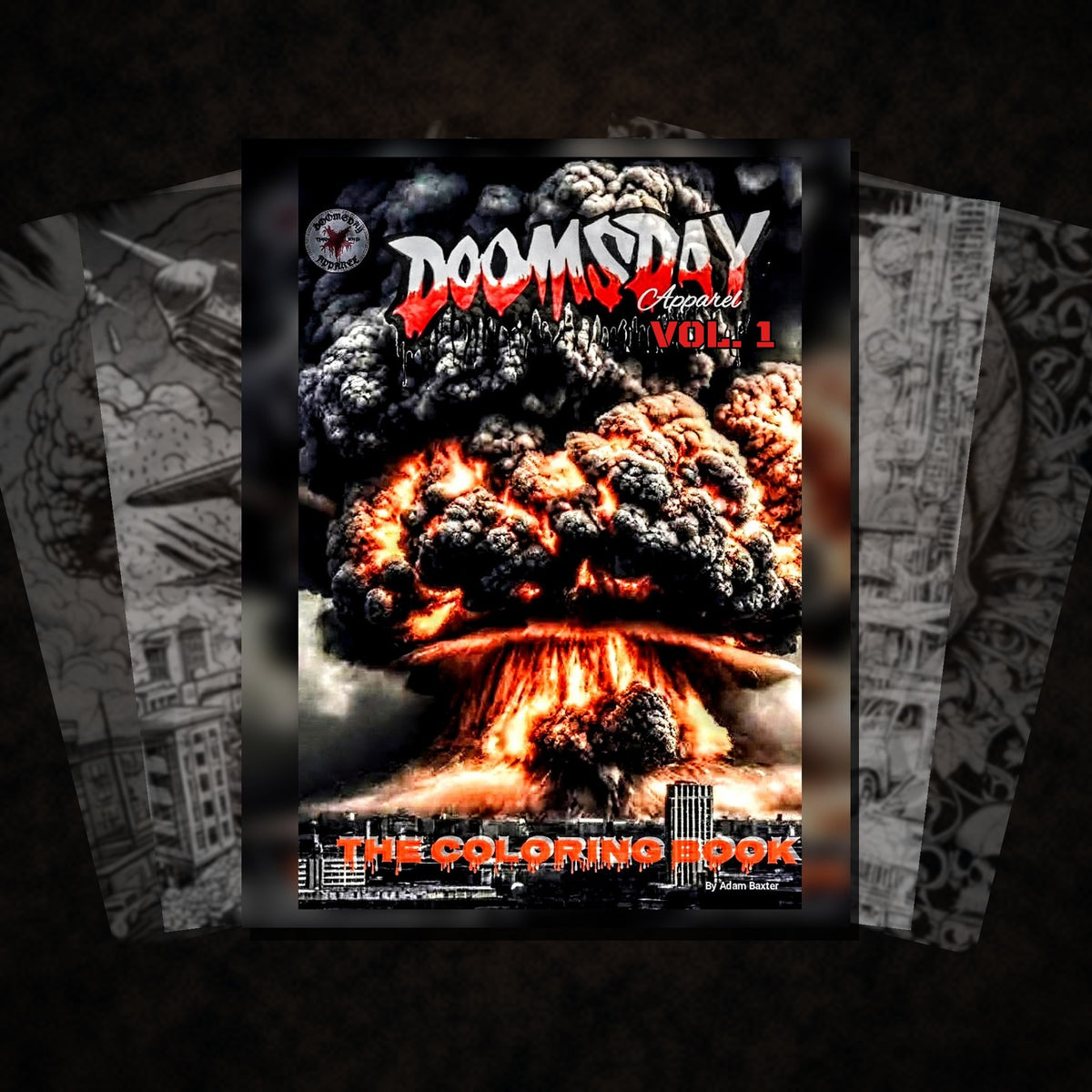 Official Doomsday Coloring Book Vol. 1 cover with faded coloring pages fanned behind