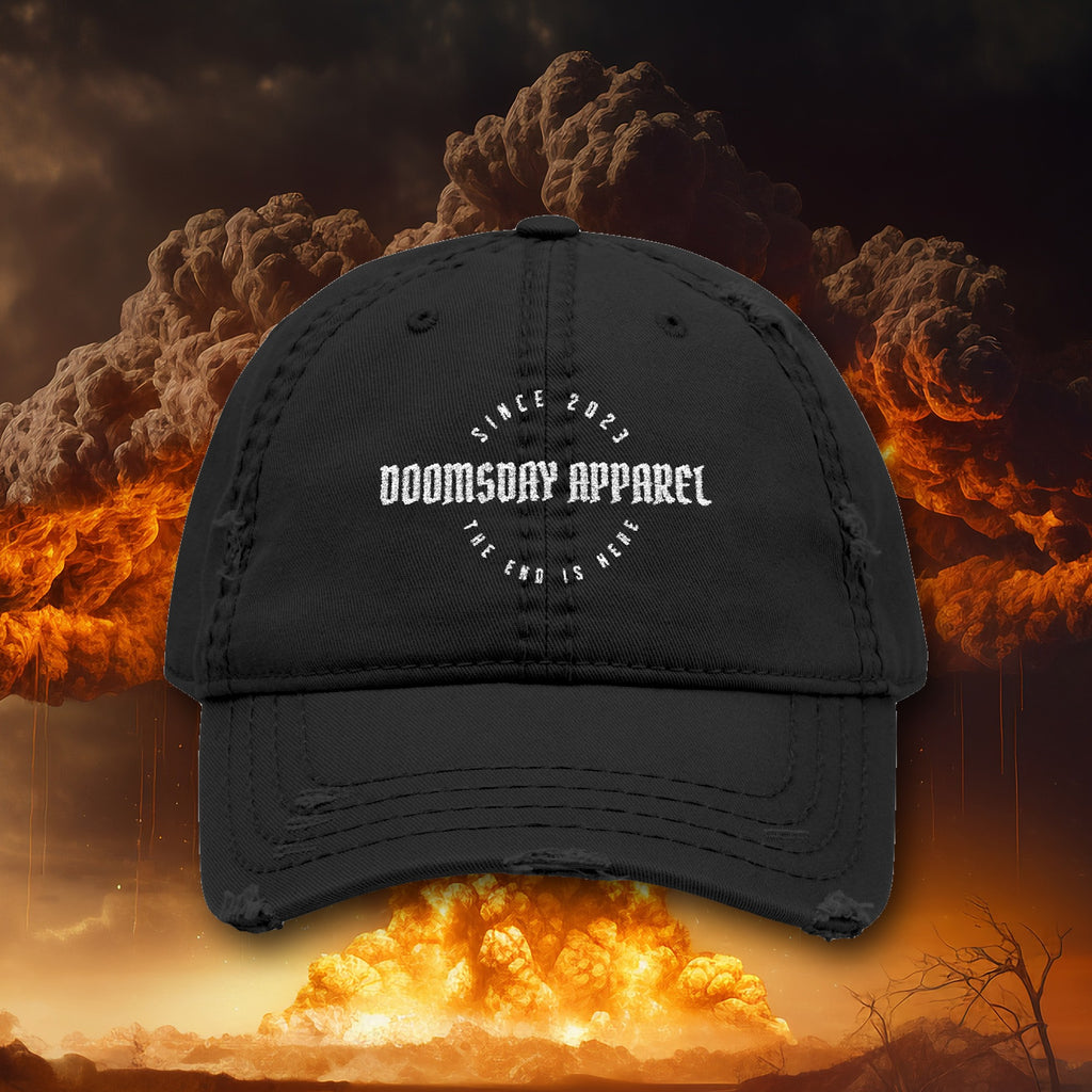 Doomsday Apparel Badge Dad Hat in black with white embroidery, nuclear explosion background