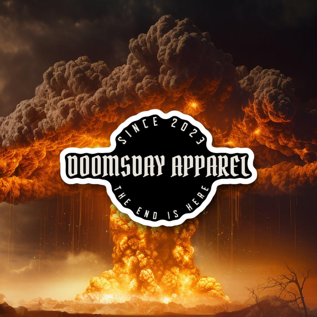 Doomsday Apparel Badge die-cut sticker on nuclear explosion background