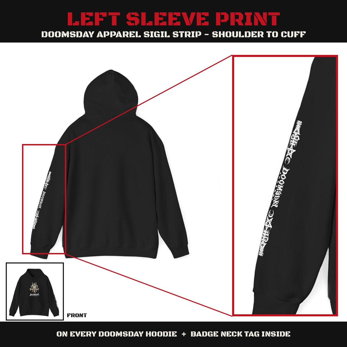 Bone Crown Hoodie - left sleeve DOOMSDAY APPAREL sigil strip print, back view with close-up