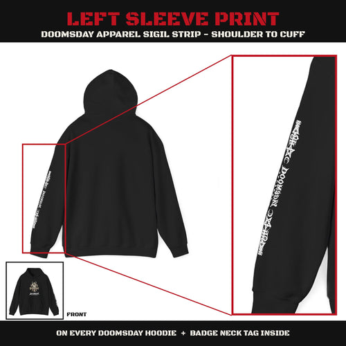 Bone Crown Hoodie - left sleeve DOOMSDAY APPAREL sigil strip print, back view with close-up