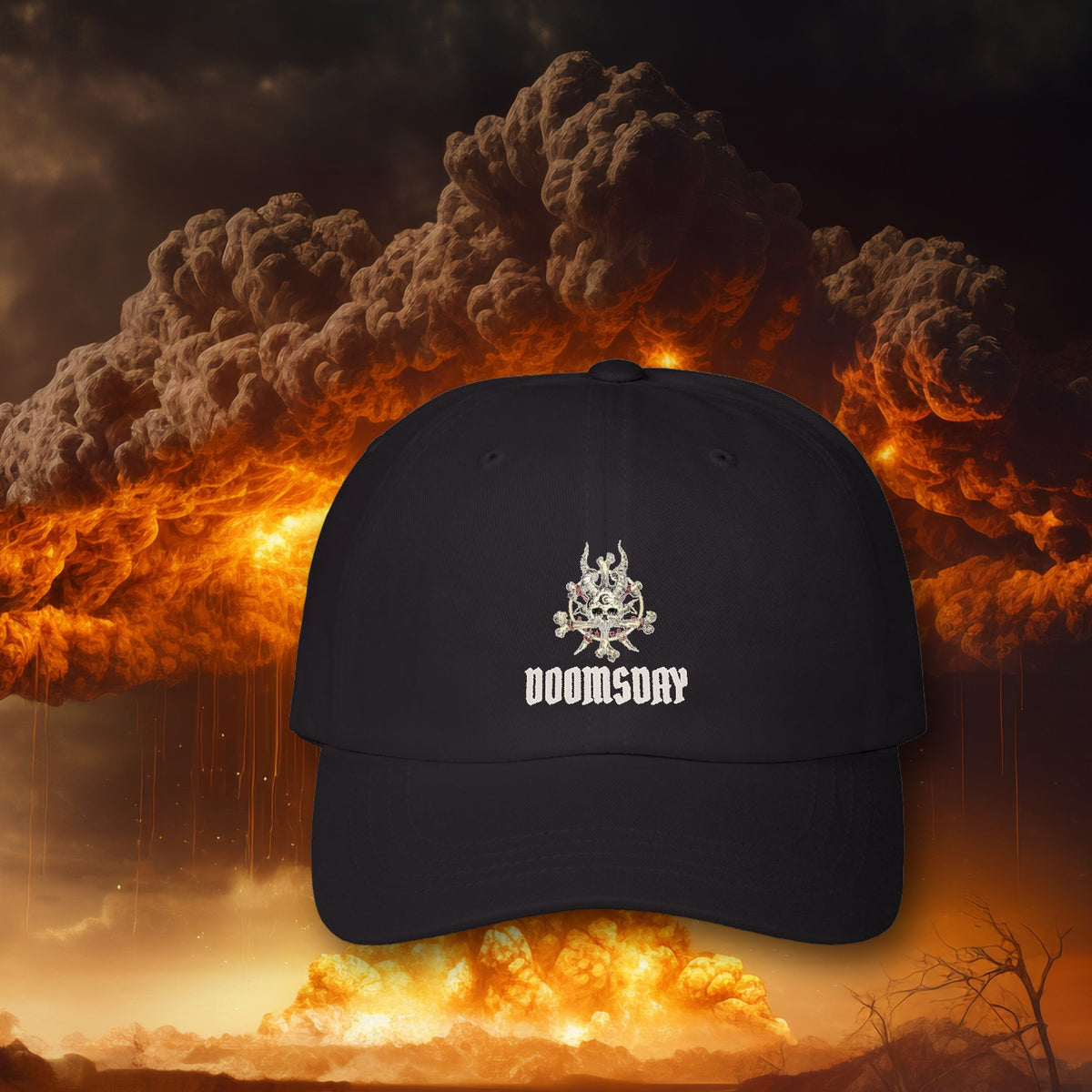 Bone Crown Dad Hat in black with printed crowned skull and DOOMSDAY wordmark, nuclear explosion background