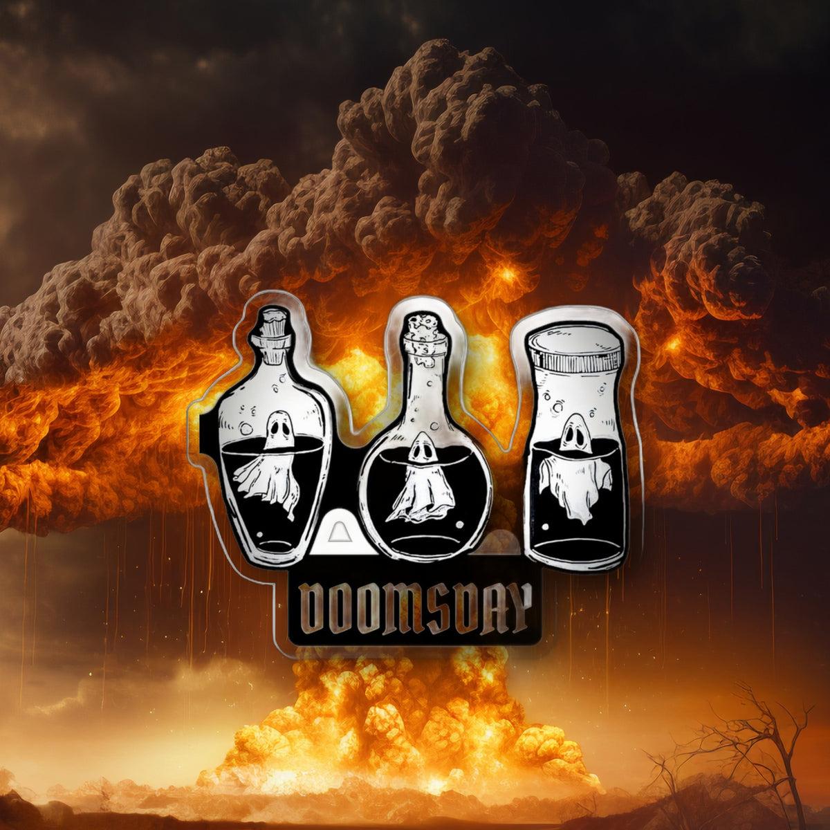 Bottled Spirits Sticker on the Doomsday explosion background