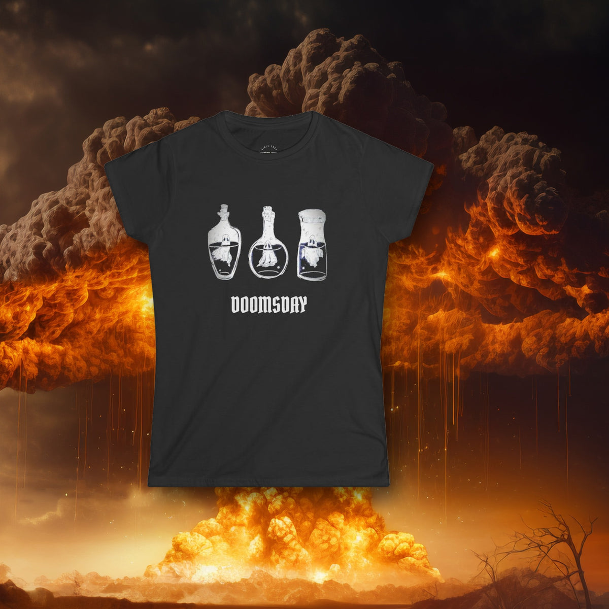 Bottled Spirits Women's Fitted Tee on the Doomsday explosion background