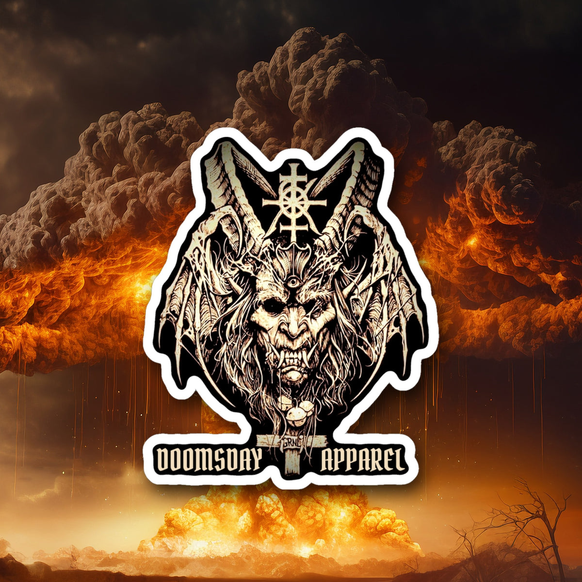Horned Demon Sigil die-cut sticker on nuclear explosion background