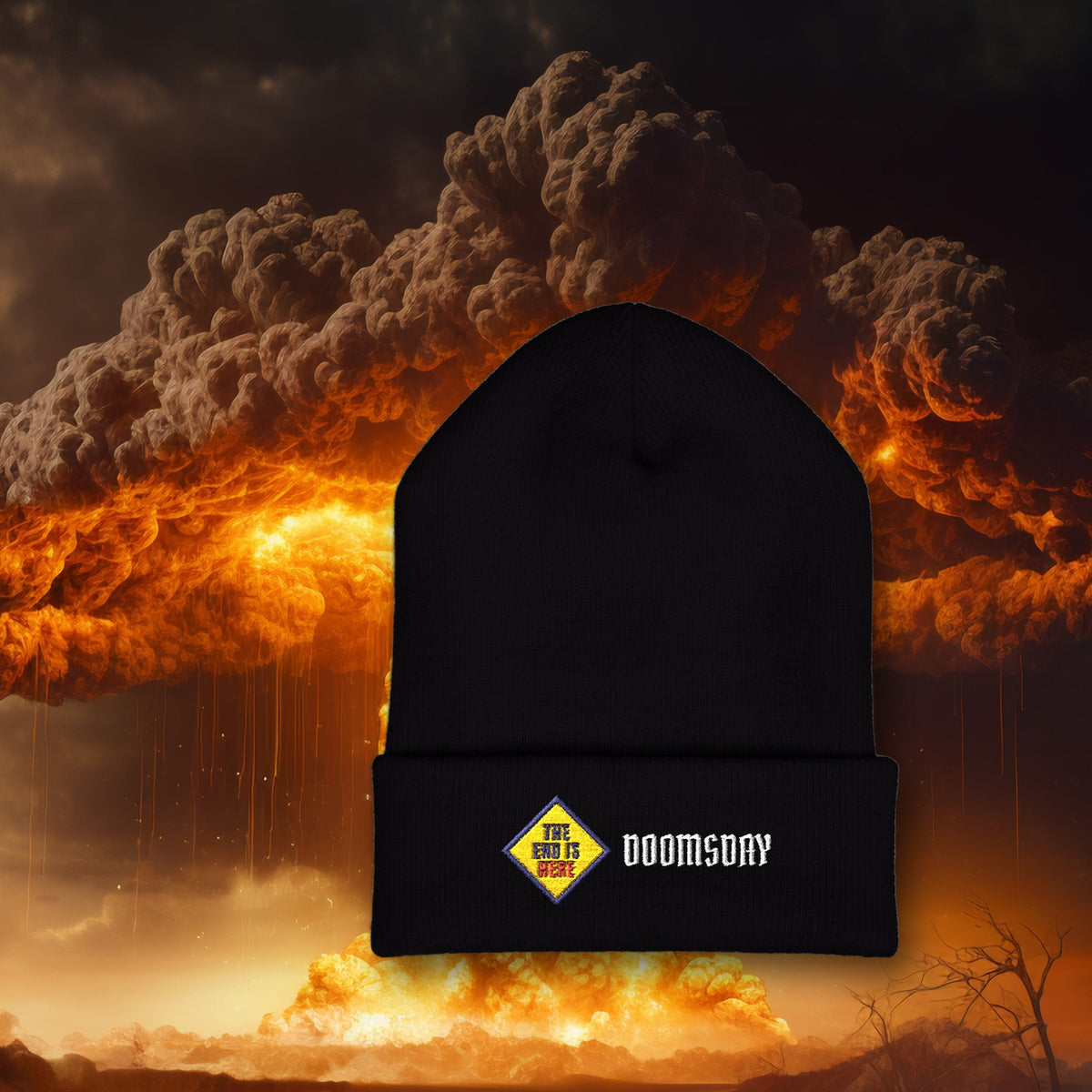 The End Is Here Beanie in black with embroidered sign and DOOMSDAY wordmark on the cuff, nuclear explosion background