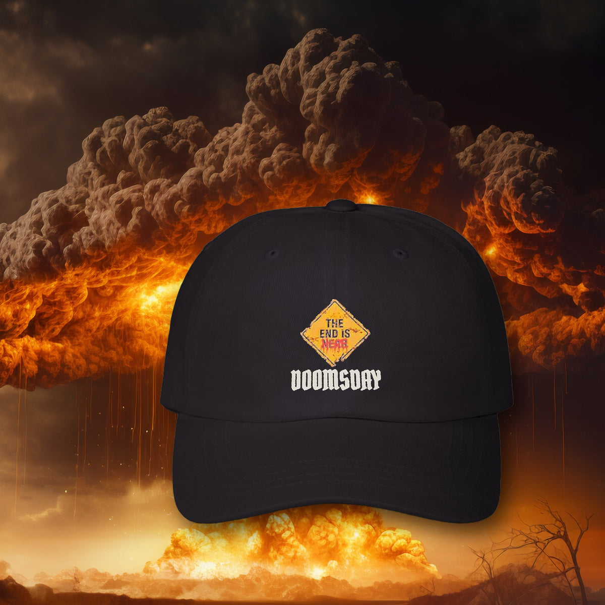 The End Is Here Dad Hat in black with printed sign and DOOMSDAY wordmark, nuclear explosion background