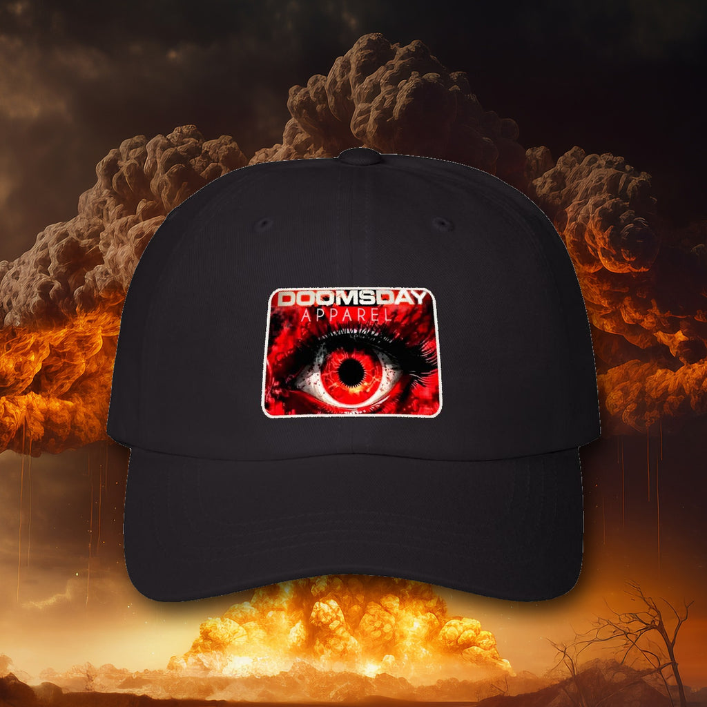 The Eye Sees All Dad Hat in black with printed eye patch, nuclear explosion background