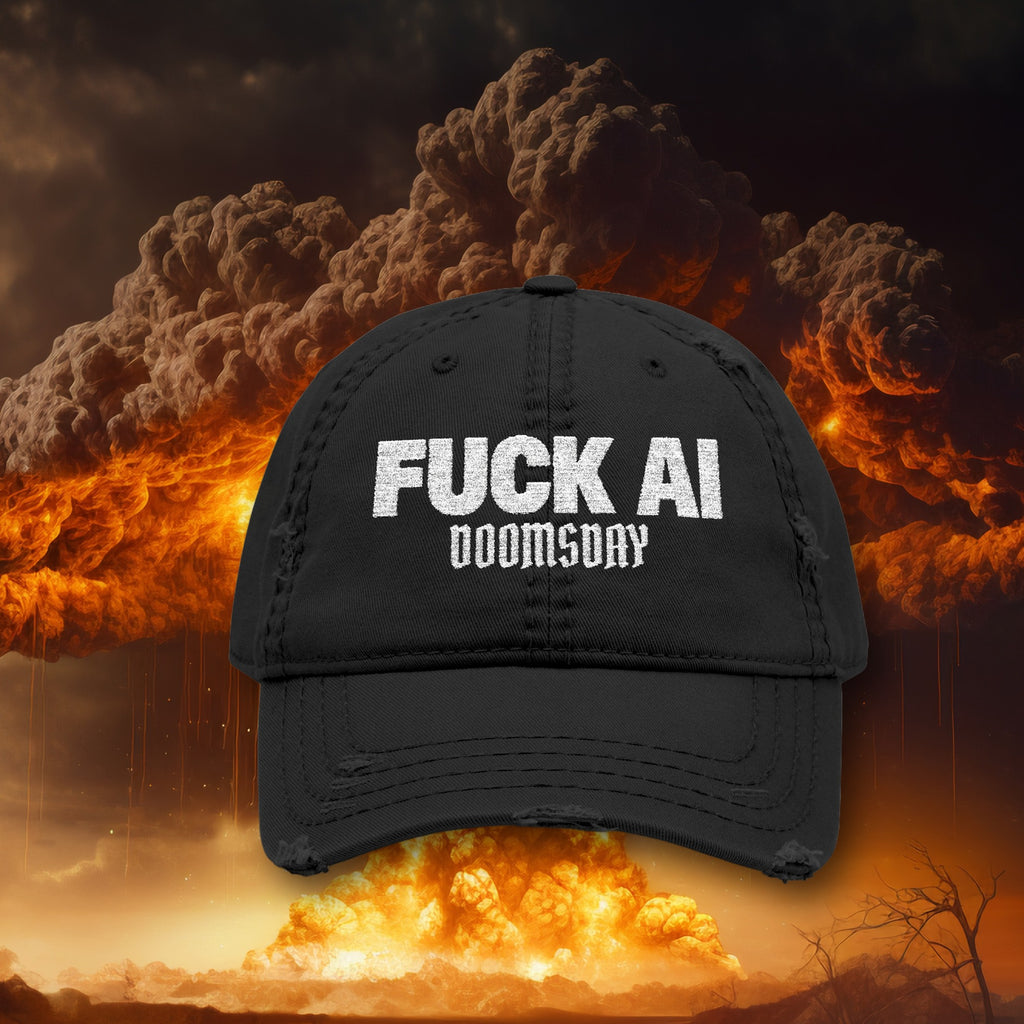 Fuck AI Dad Hat in black with white embroidery and DOOMSDAY wordmark, nuclear explosion background