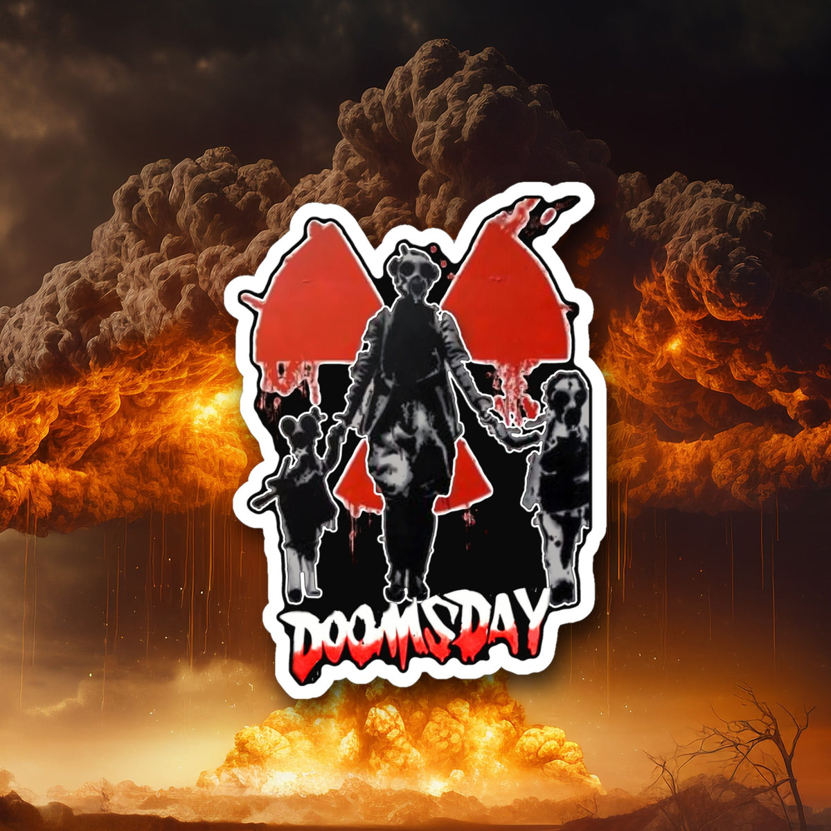 Gas-Mask Family Radiation die-cut sticker on nuclear explosion background