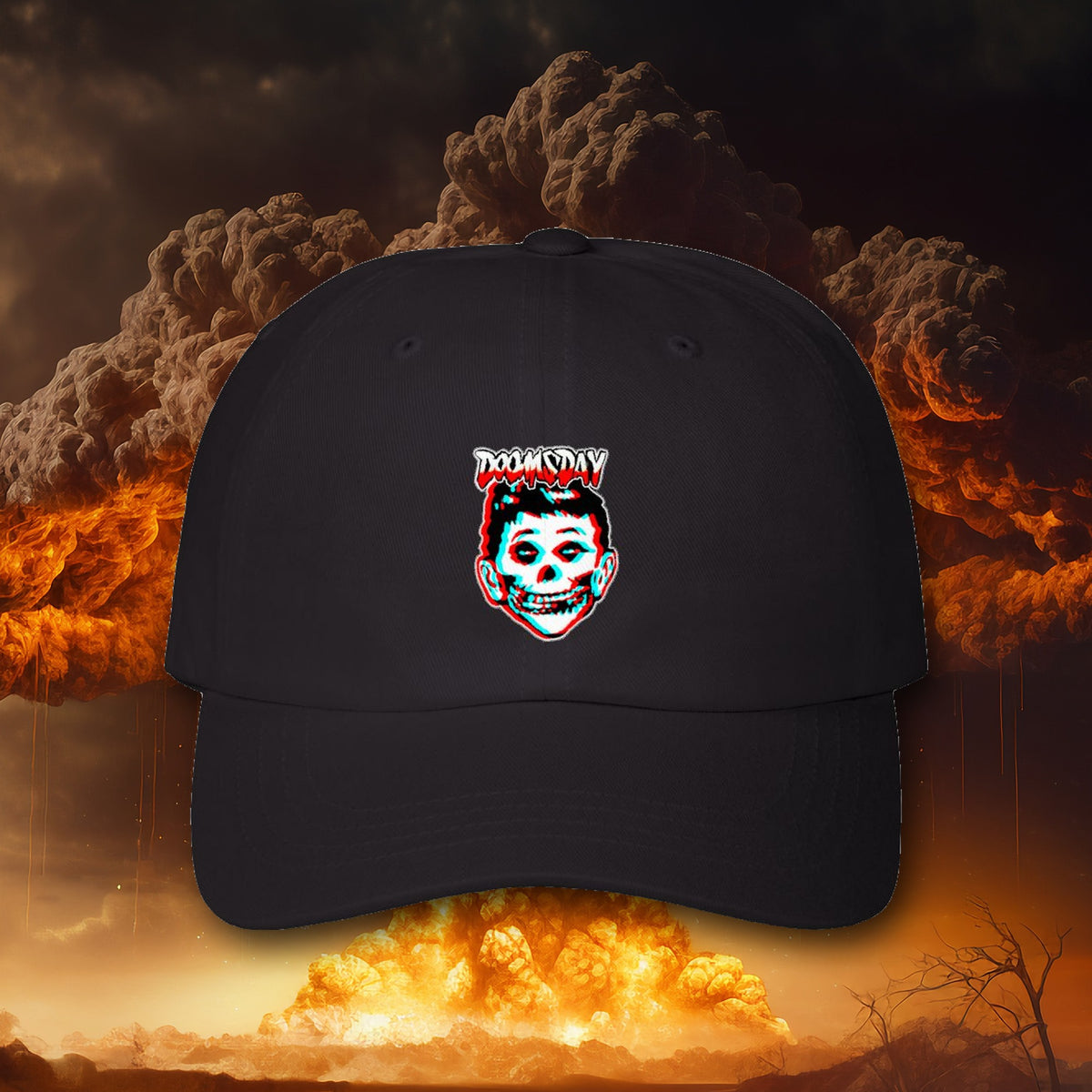 Mad Misfit Dad Hat in black with printed graphic, nuclear explosion background