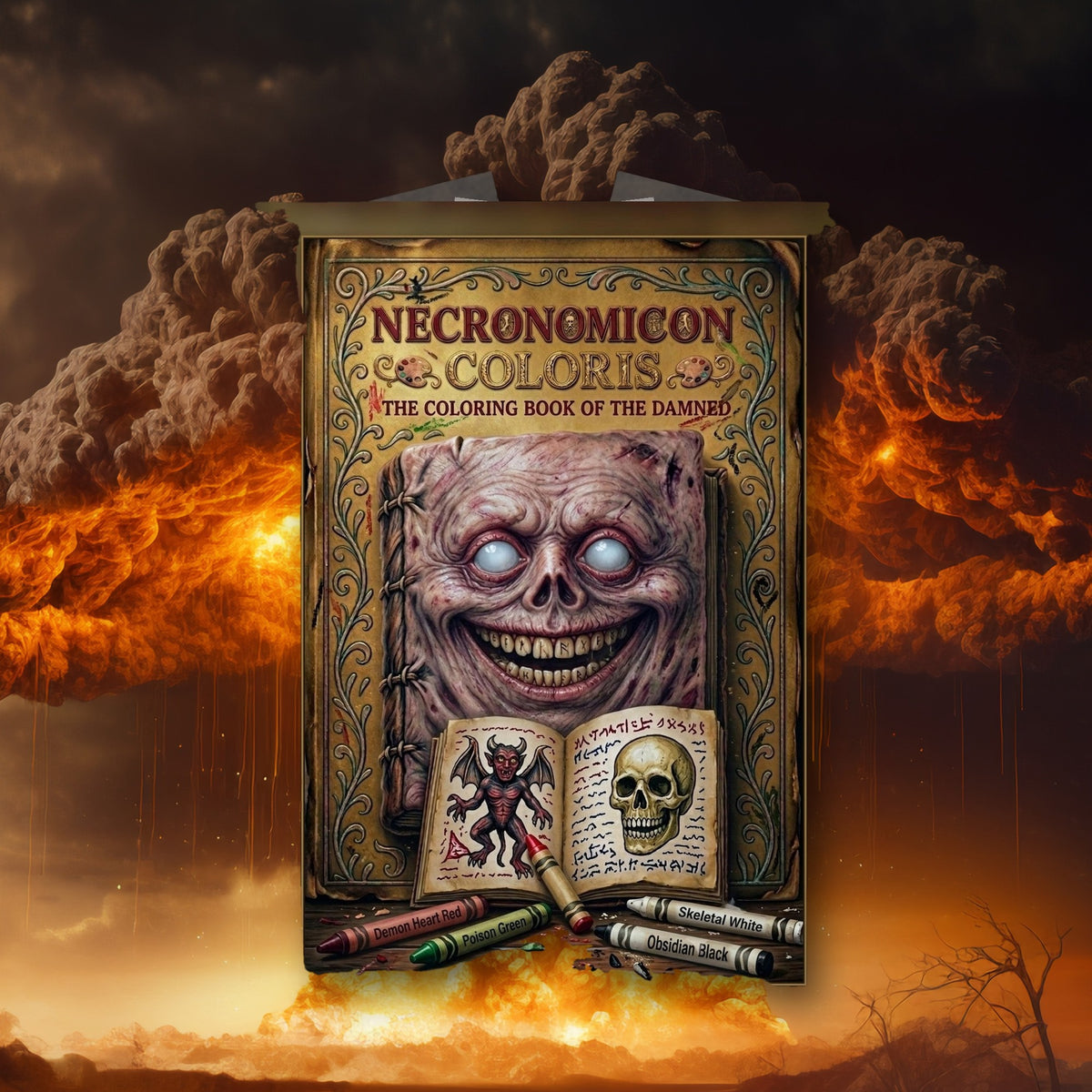 Necronomicon Coloris coloring book on the Doomsday explosion background