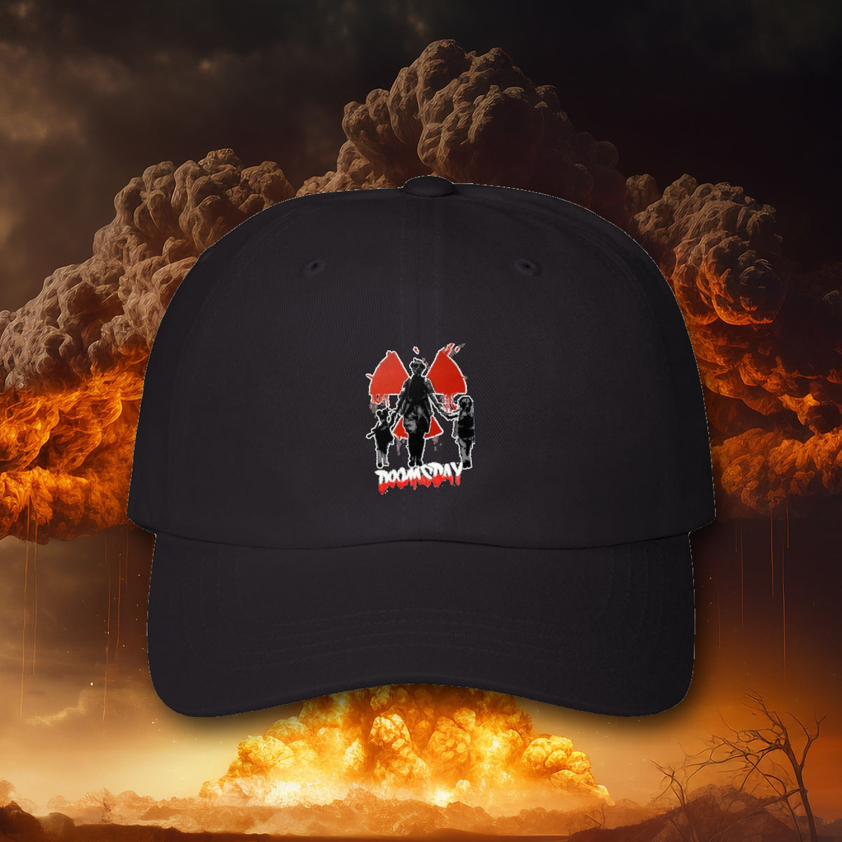 Gas-Mask Family Radiation Dad Hat in black with printed front, nuclear explosion background