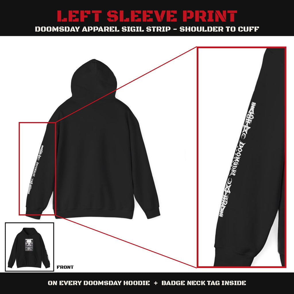 Fallout Valley Hoodie left sleeve sigil print close-up - Doomsday Inc.
