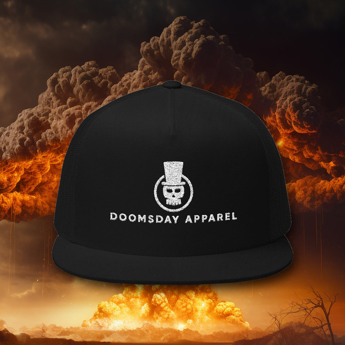 Top-Hat Skull Trucker Hat in black with white embroidery, nuclear explosion background