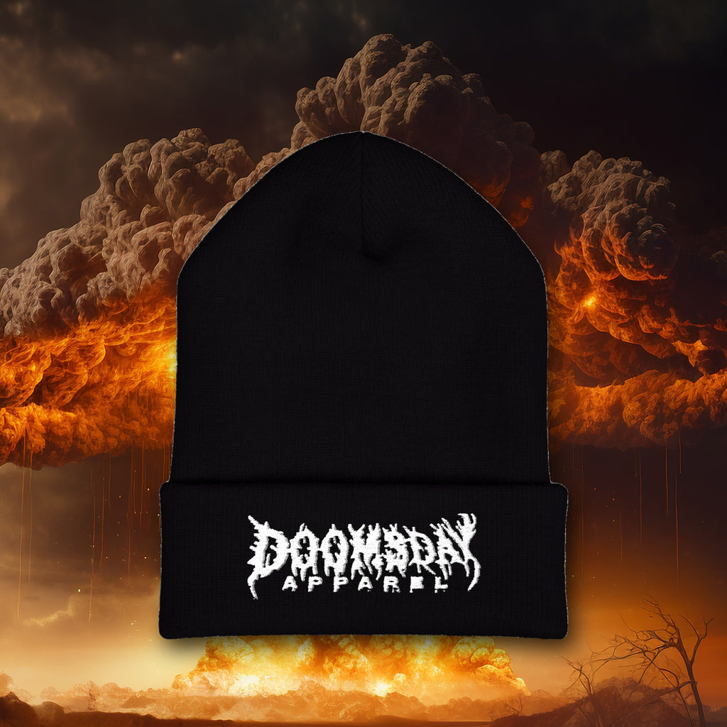 Black Metal Wordmark Beanie in black with white embroidery, nuclear explosion background