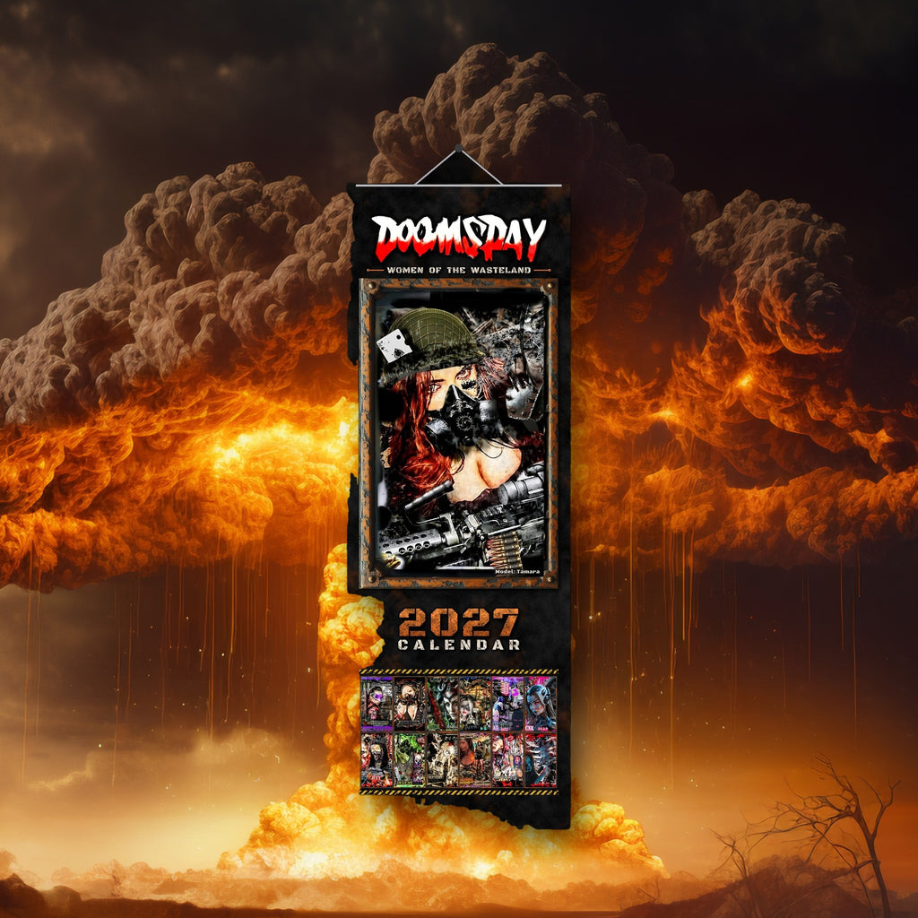 Doomsday Women of the Wasteland 2027 slim calendar on the Doomsday explosion background