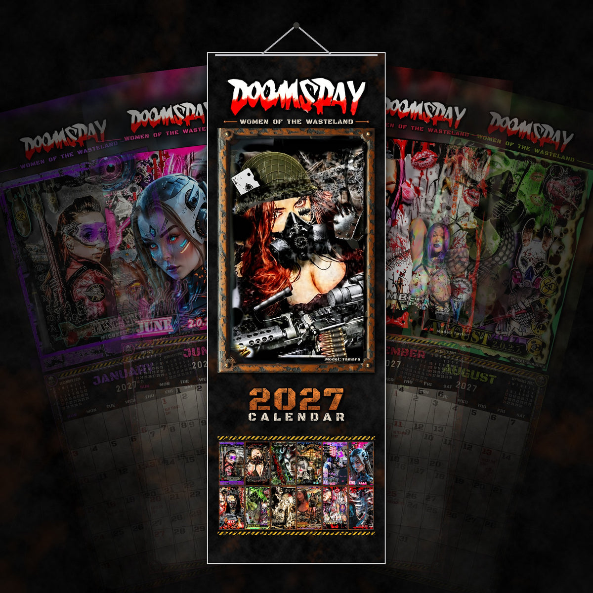 Doomsday Women of the Wasteland 2027 slim wall calendar, cover with month pages fanned behind