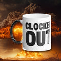 Clocked Out Color Morphing Mug, hot, in front of a nuclear explosion - Doomsday Inc.