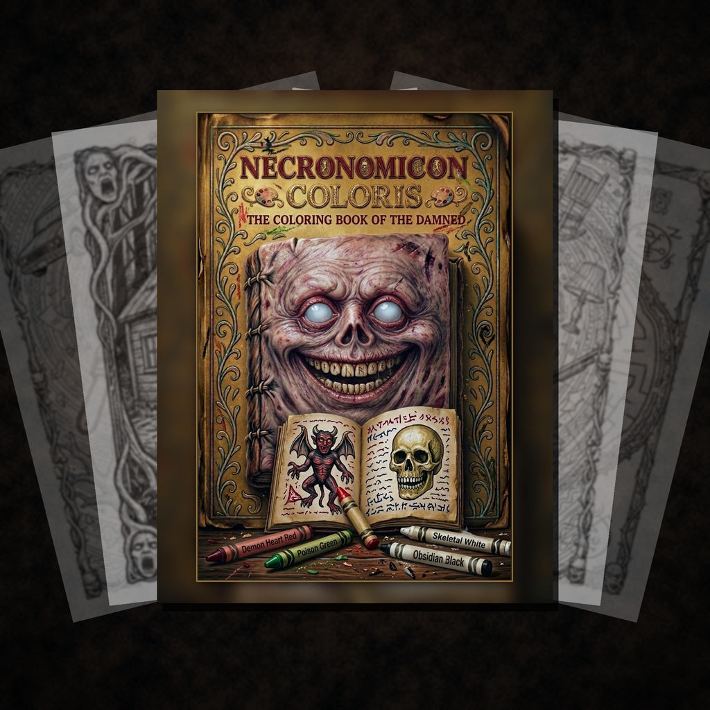 Necronomicon Coloris coloring book cover with faded coloring pages fanned behind