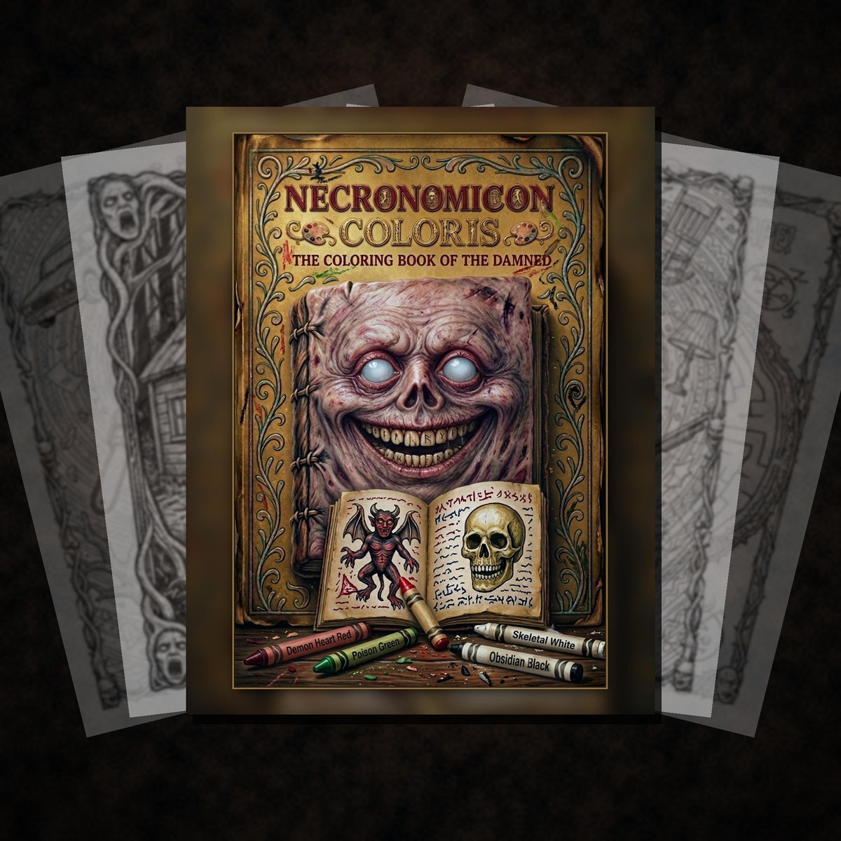 Necronomicon Coloris coloring book cover with faded coloring pages fanned behind